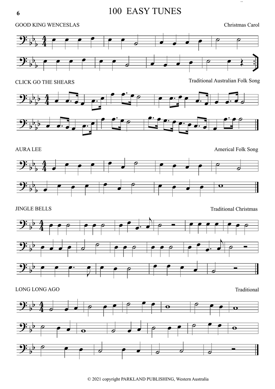 A LEARN TO PLAY. 100 EASY TUNES & 10 DUETS. Beginner DOUBLE BASS and BASS GUITAR in BASS CLEF. Double Bass scores gallery preview page 6