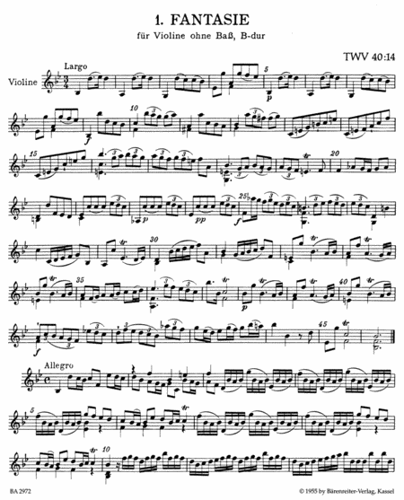Twelve Fantasias for Violin without Bass TWV 40:14 - 40:25 by Georg Philipp Telemann Violin Solo - Sheet Music