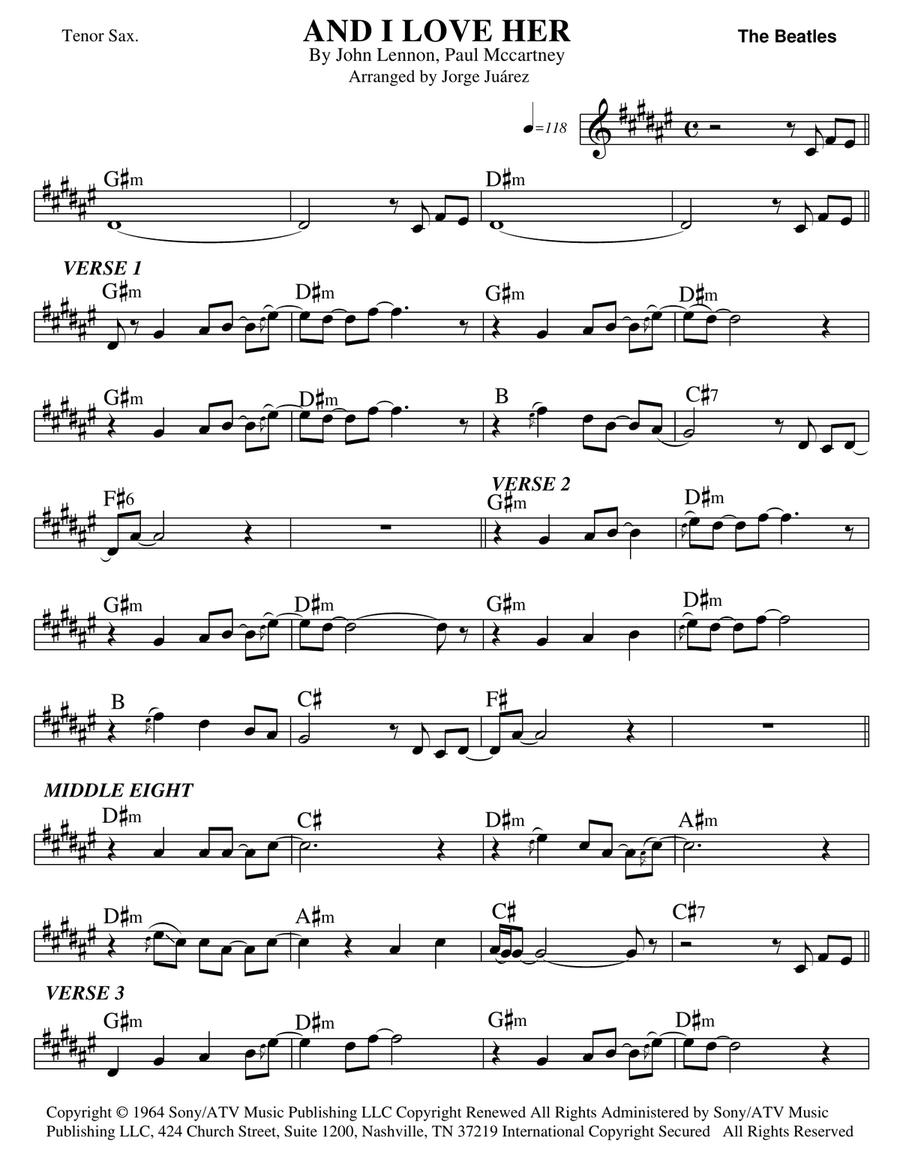 And I Love Her Tenor Saxophone scores gallery preview page 1