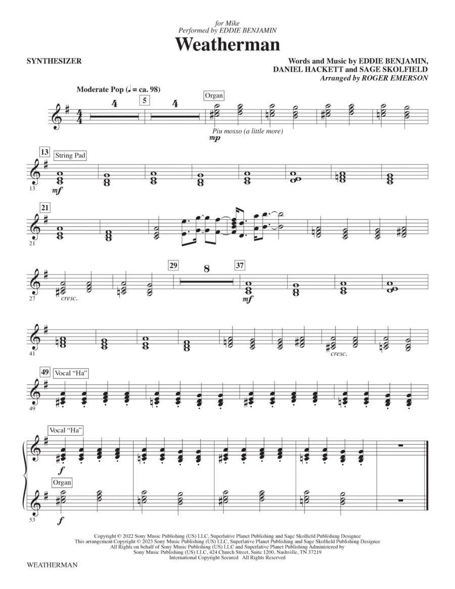Weatherman (arr. Roger Emerson) - Synthesizer Choir scores gallery preview page 1