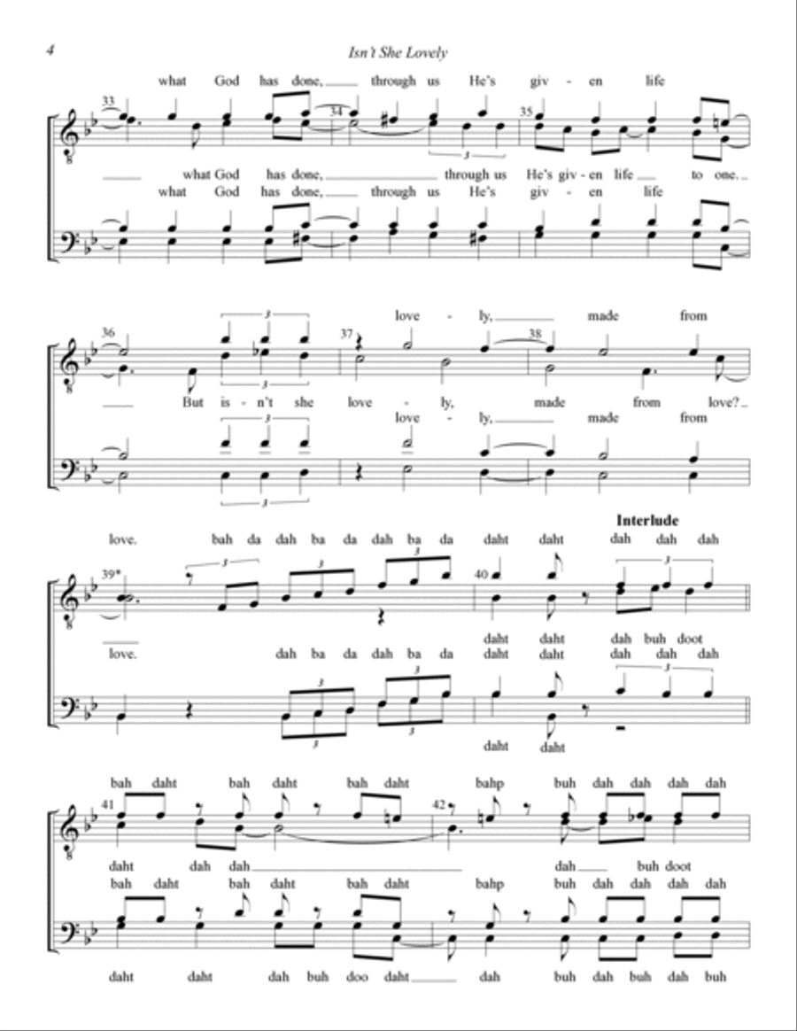 Isn't She Lovely (arr. Mike Menefee) TTBB scores gallery preview page 4