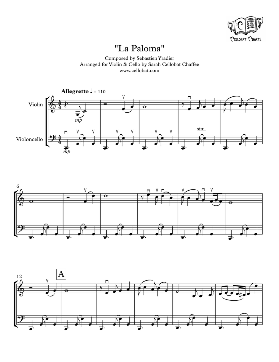La Paloma - Violin & Cello Duet - Sebastien Yradier arr. Cellobat String Duet scores gallery preview page 1