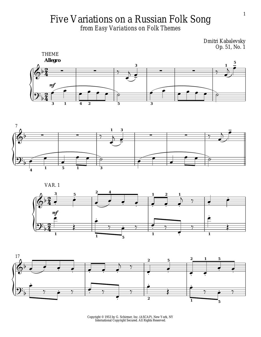 Five Variations On A Russian Folk Song, Op. 51, No. 1 Piano Solo scores gallery preview page 1