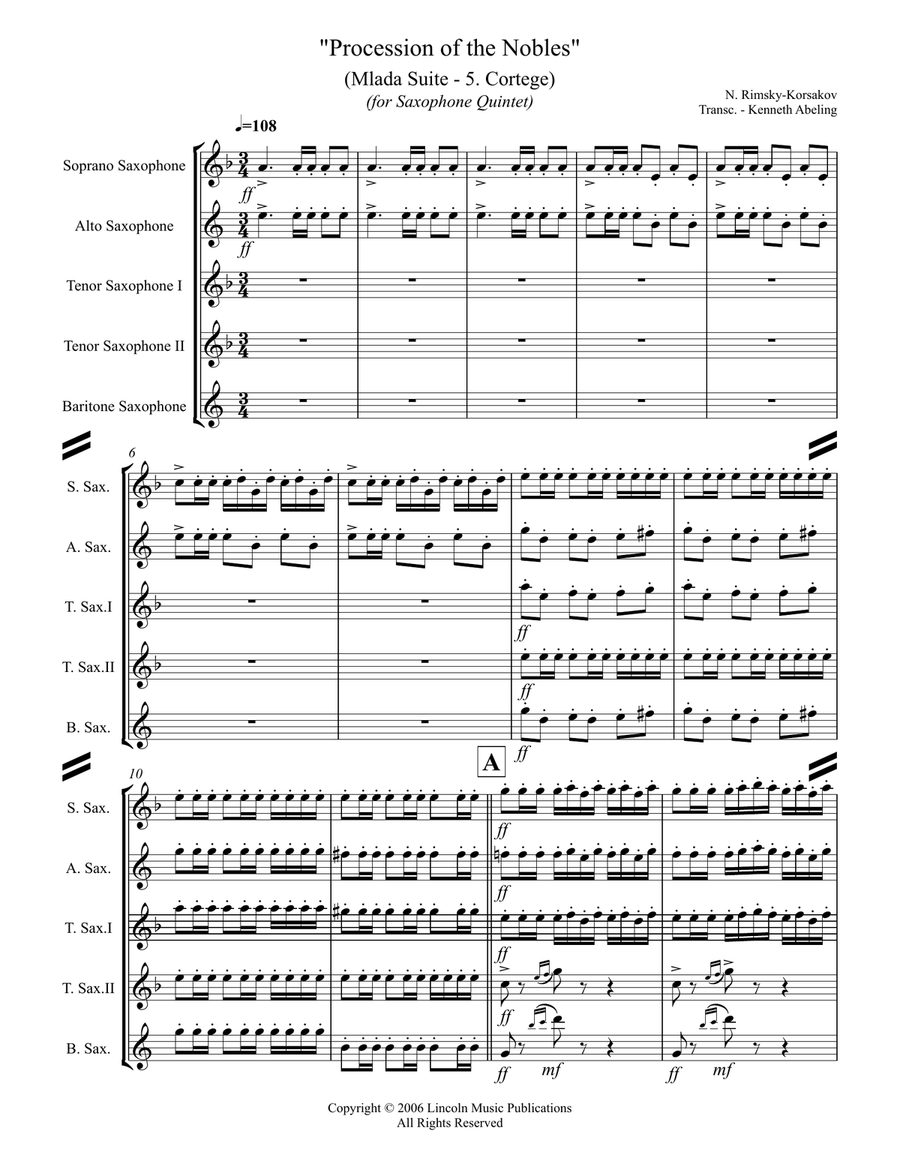 Procession of the Nobles from Mlada (for Saxophone Quintet SATTB) Saxophone Quintet scores gallery preview page 2