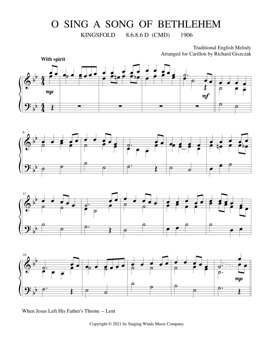 O Sing a Song of Bethlehem (KINGSFOLD) Carillon scores gallery preview page 1