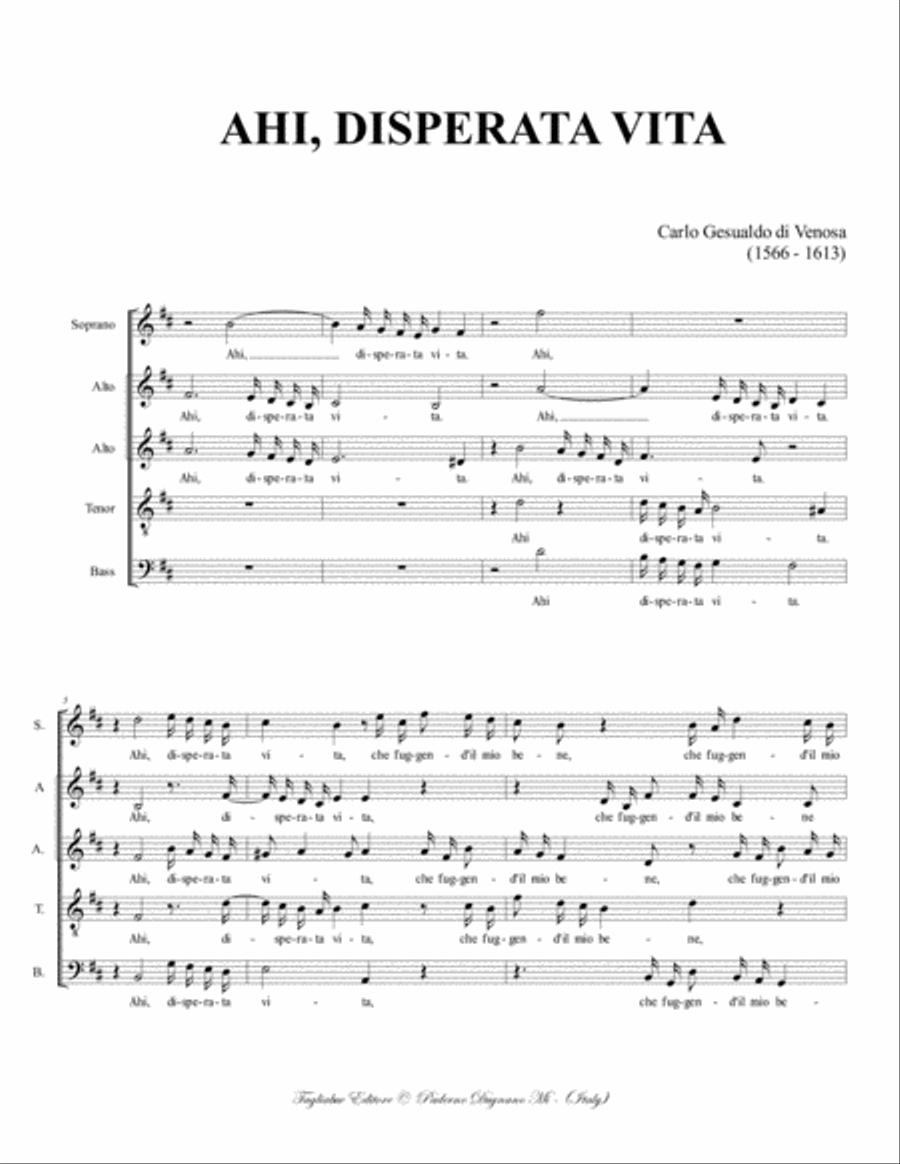AHI, DISPERATA VITA - Gesualdo da Venosa - For SAATB Choir Divisi scores gallery preview page 2