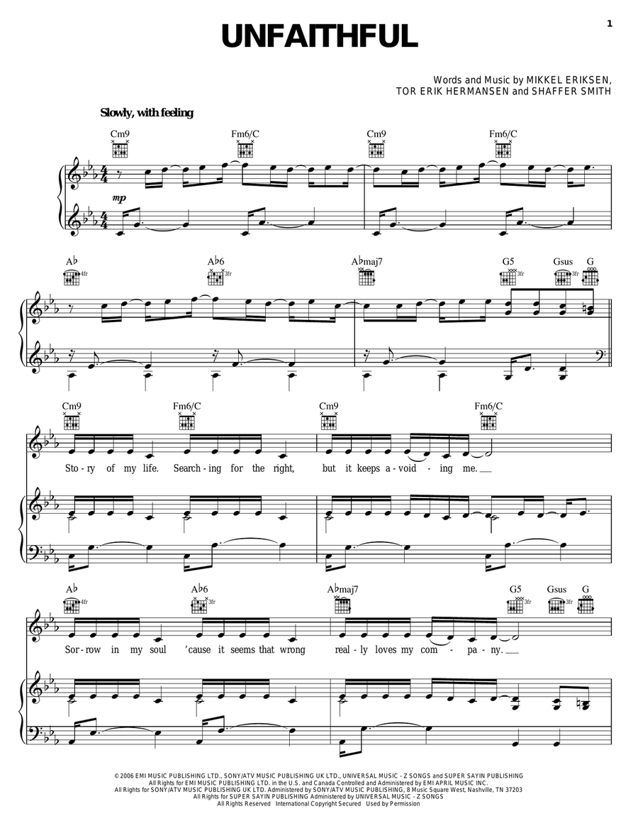 Unfaithful Piano, Vocal, Guitar scores gallery preview page 1