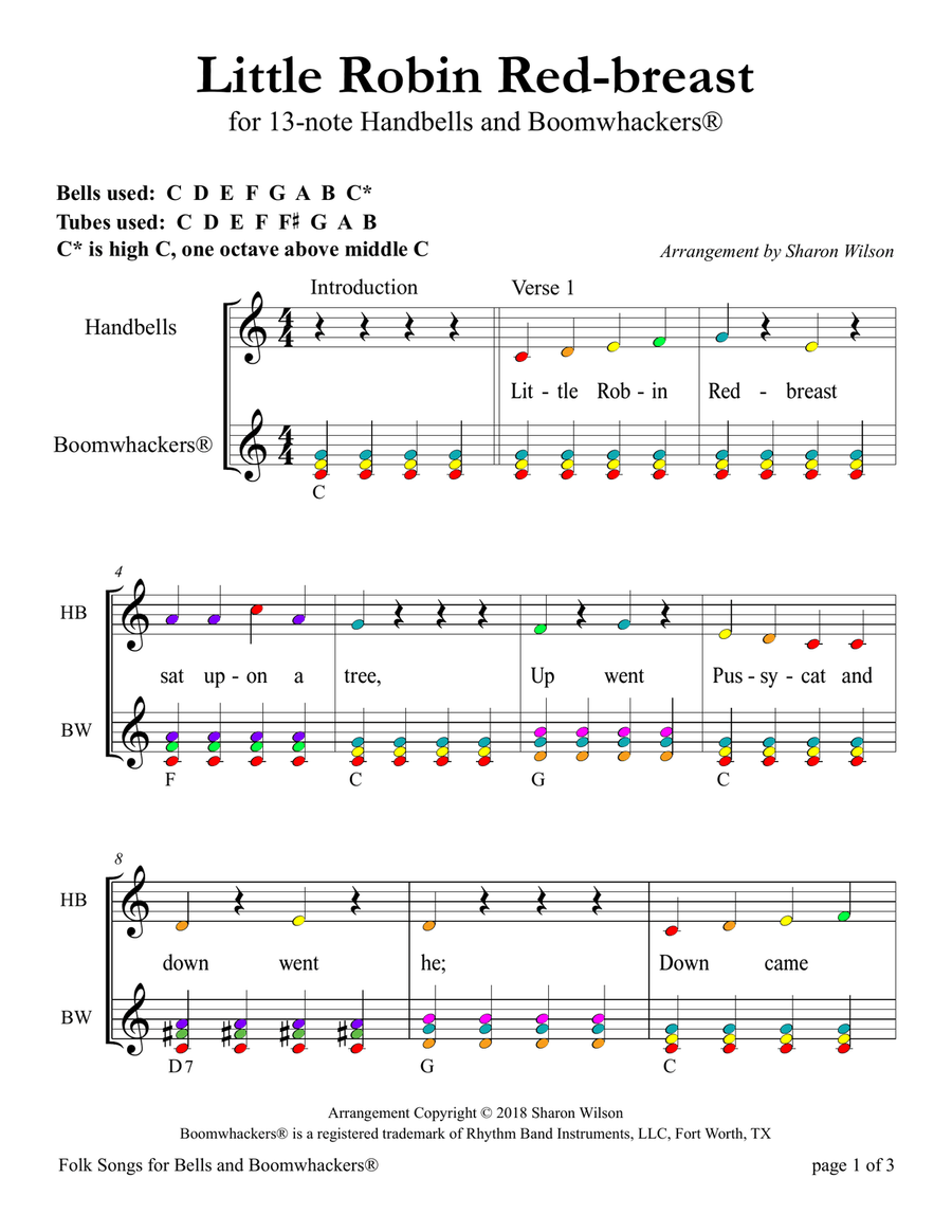 Little Robin Red-breast (for 13-note Bells and Boomwhackers with Color Coded Notes) Handbell Choir scores gallery preview page 5