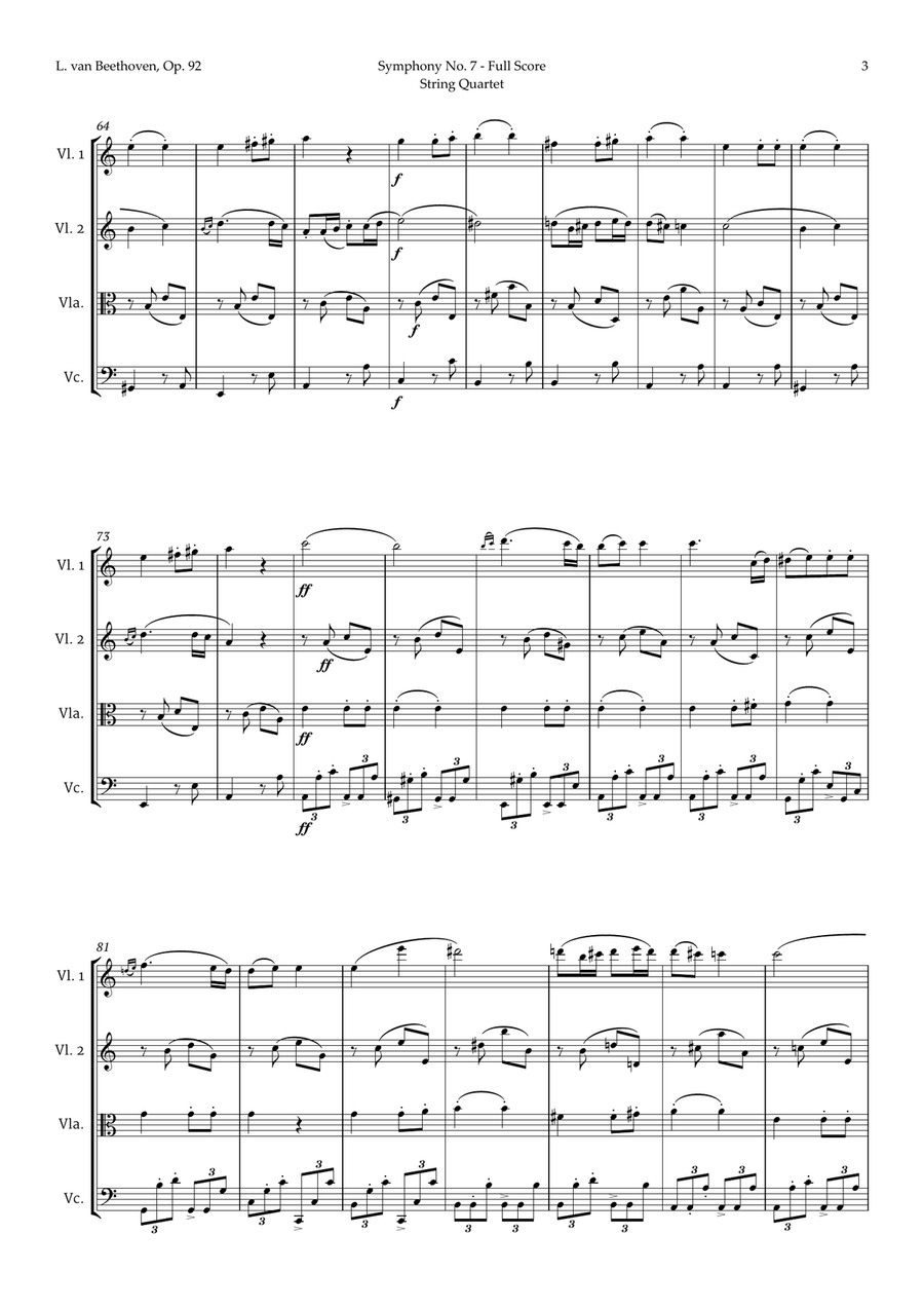 2nd Movement of Symphony No. 7 by Beethoven for String Quartet String Quartet scores gallery preview page 4