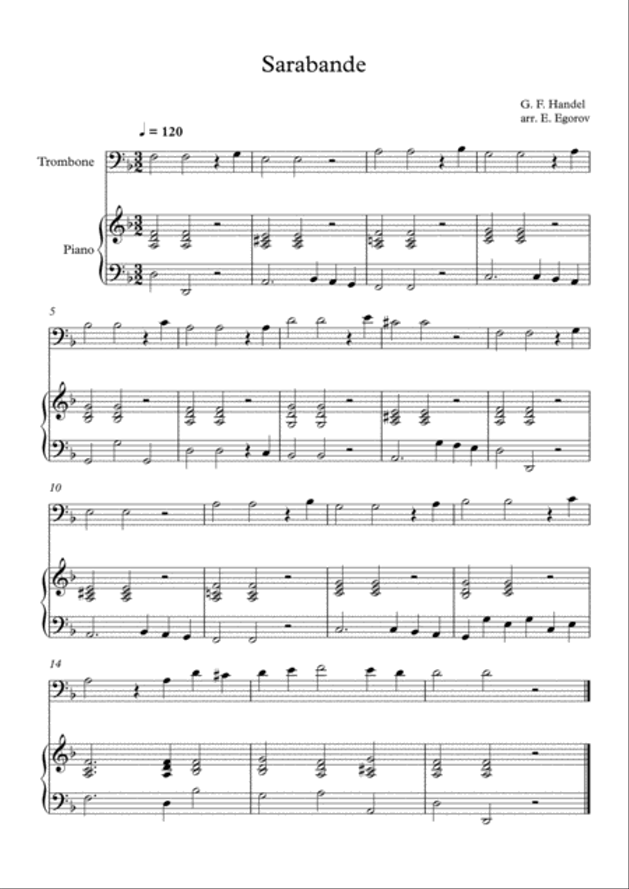 Sarabande, George Frideric Handel, For Trombone & Piano Piano Accompaniment scores gallery preview page 1