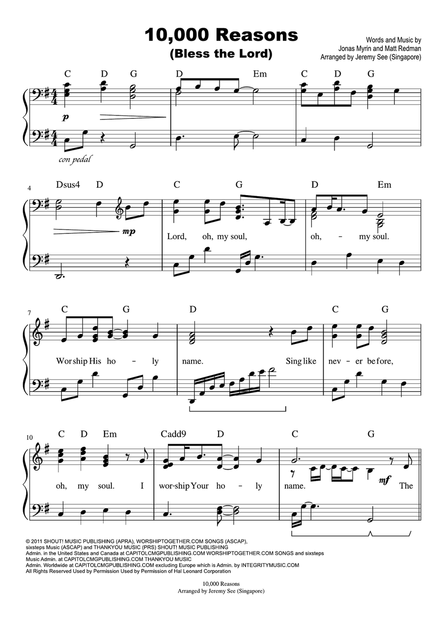 10,000 Reasons (Bless The Lord) Piano, Vocal scores gallery preview page 1