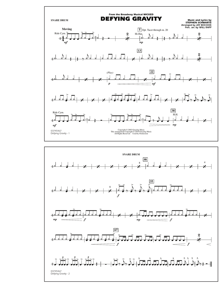 Defying Gravity (from Wicked) - Snare Drum Marching Band scores gallery preview page 1