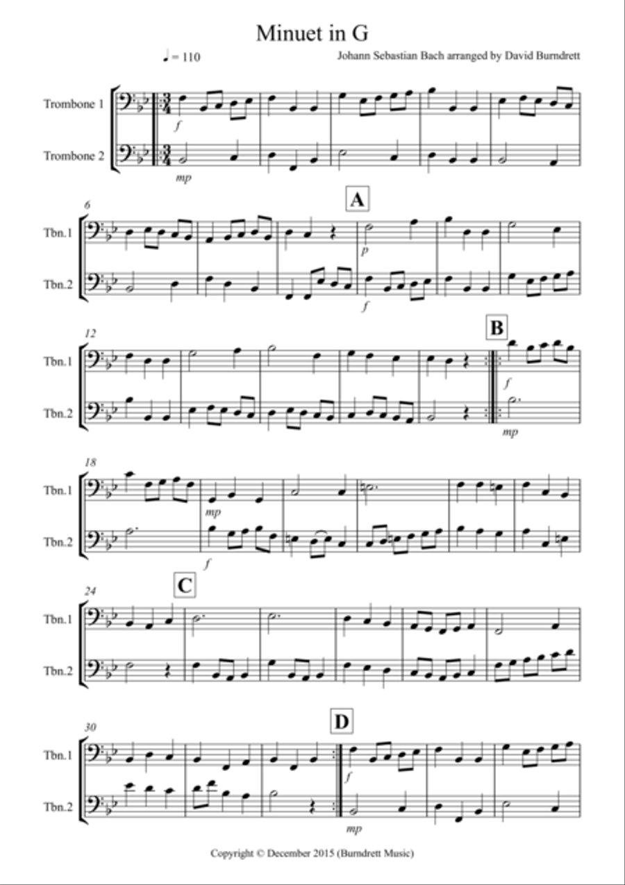 Minuet in G by Bach for Trombone Duet Trombone Duet scores gallery preview page 1