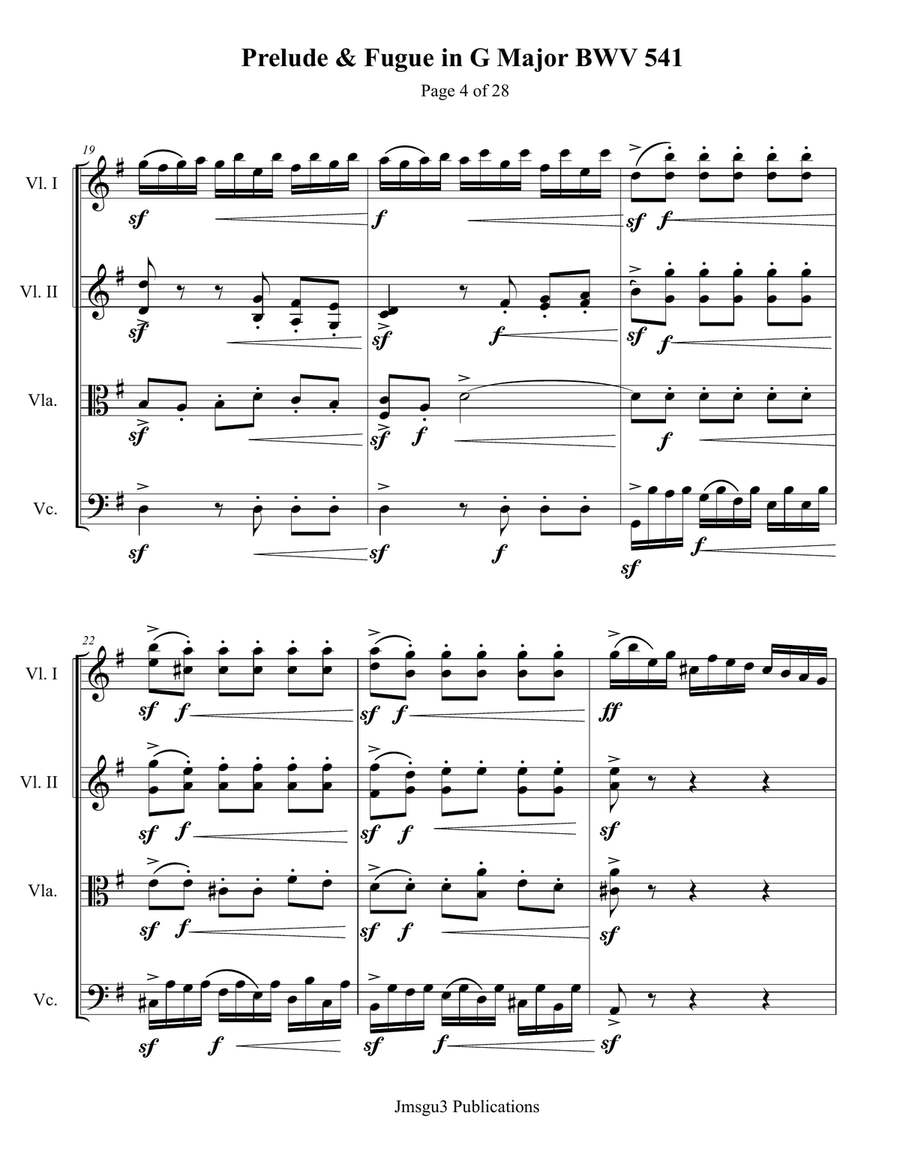 Bach: Prelude & Fugue in G Major BWV 541 for String Quartet String Quartet scores gallery preview page 4