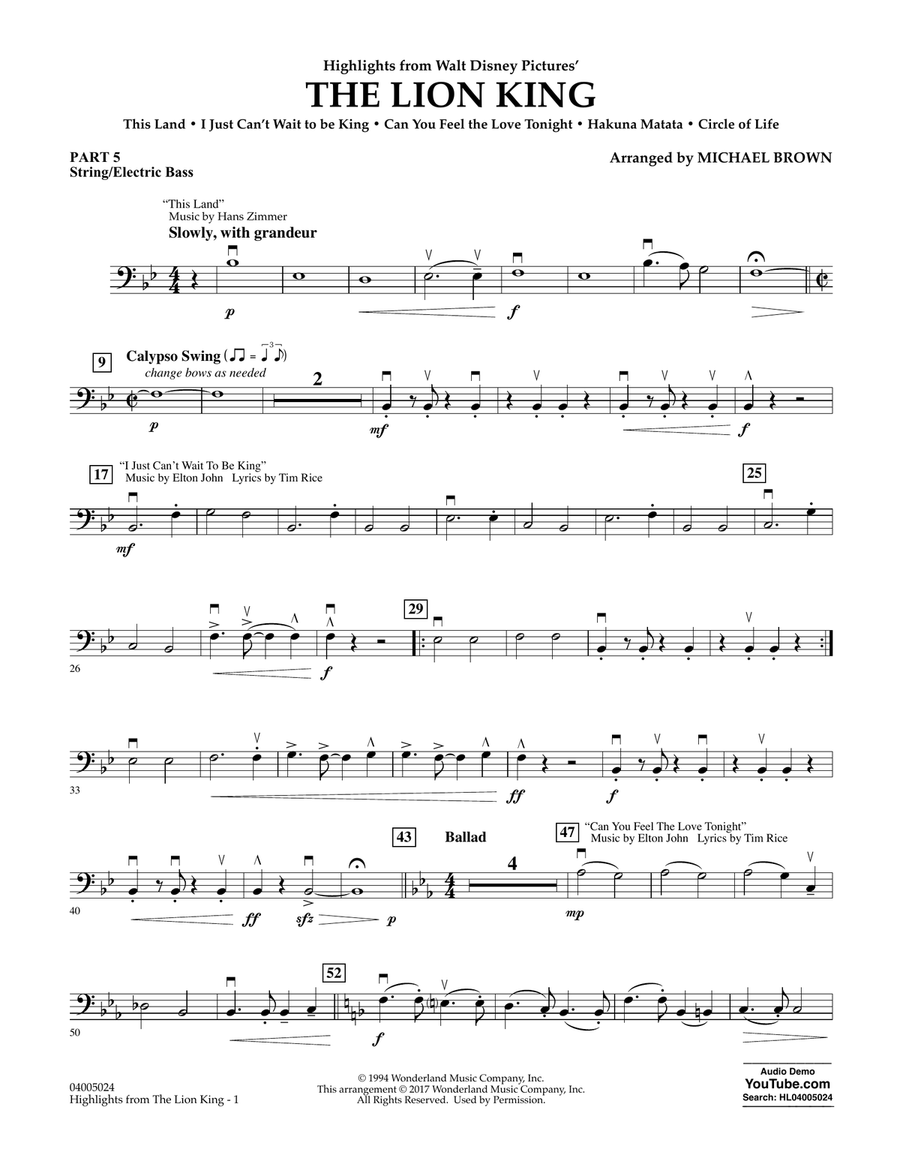 Highlights from The Lion King - Pt.5 - String/Electric Bass Concert Band scores gallery preview page 1