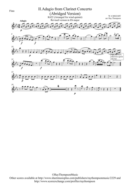 Mozart: Clarinet Concerto K622 Mvt.II Adagio (abridged version in Eb) - wind quintet (clarinet solo) image number null