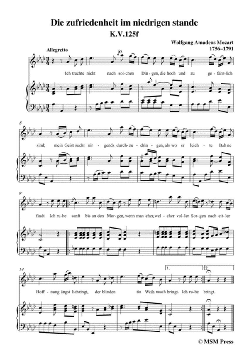 Mozart-Die zufriedenheit im niedrigen stande,in A flat Major,for Voice and Piano image number null