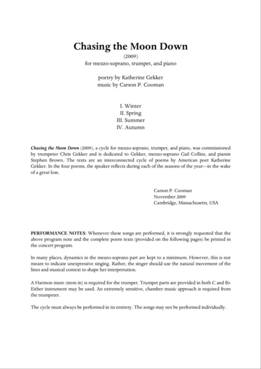 Carson Cooman : Chasing the Moon Down (2009), for mezzo-soprano, trumpet, and piano Small Ensemble scores gallery preview page 1