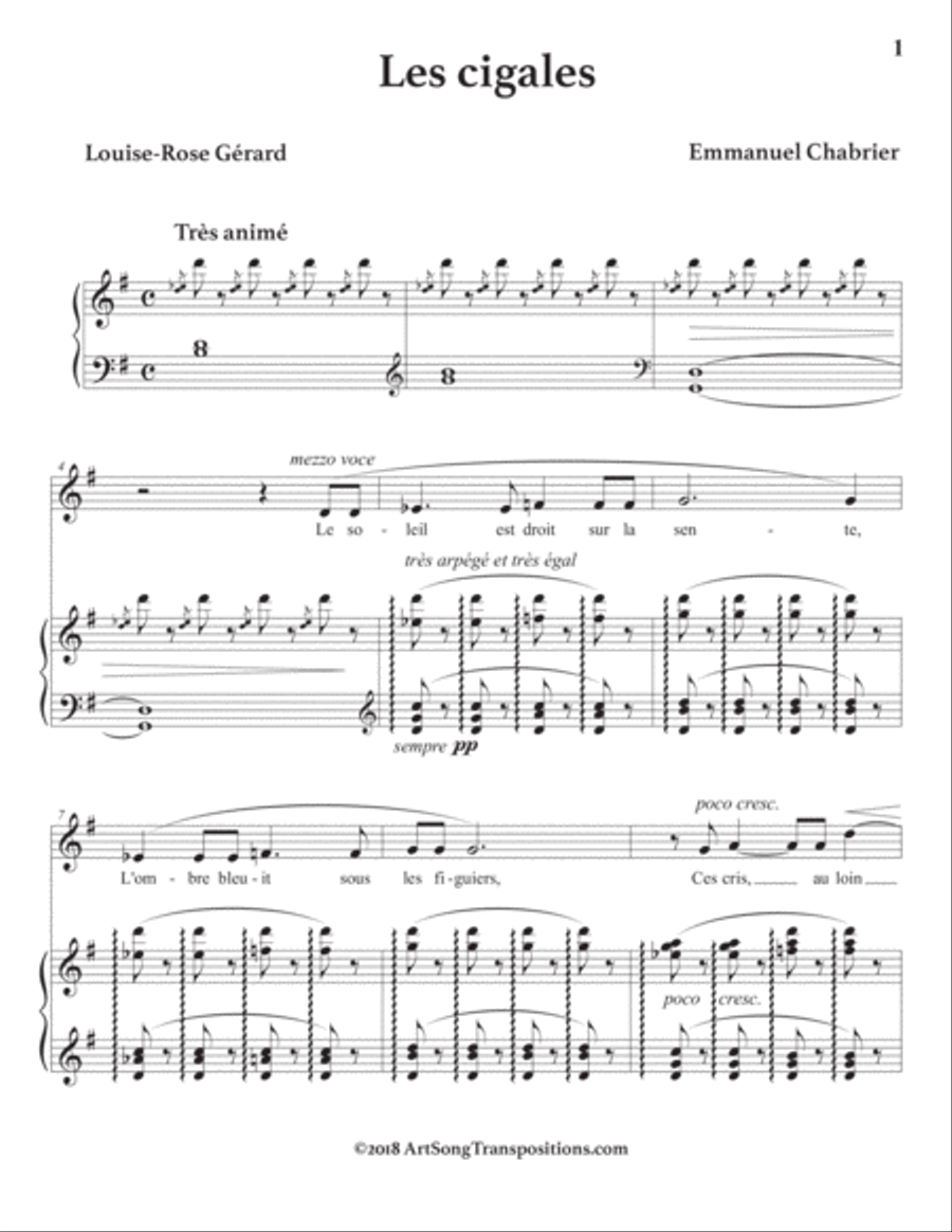 CHABRIER: Les cigales (transposed to G major) Voice scores gallery preview page 2