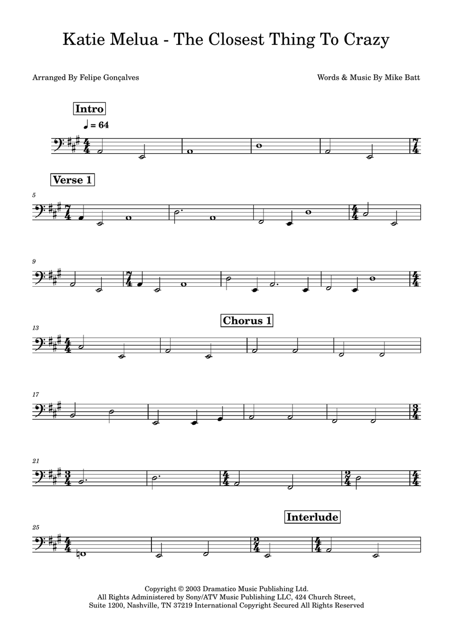 The Closest Thing To Crazy Bass Guitar scores gallery preview page 1