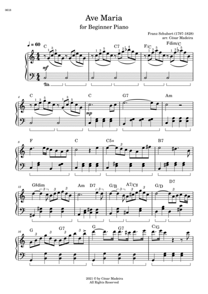 Ave Maria by Schubert - Easy Piano - W/Chords (Full Score) image number null
