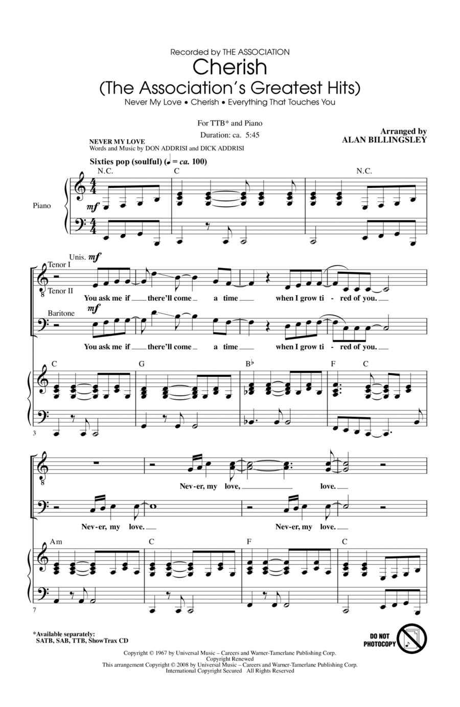 Cherish (The Association's Greatest Hits) TTBB scores gallery preview page 1