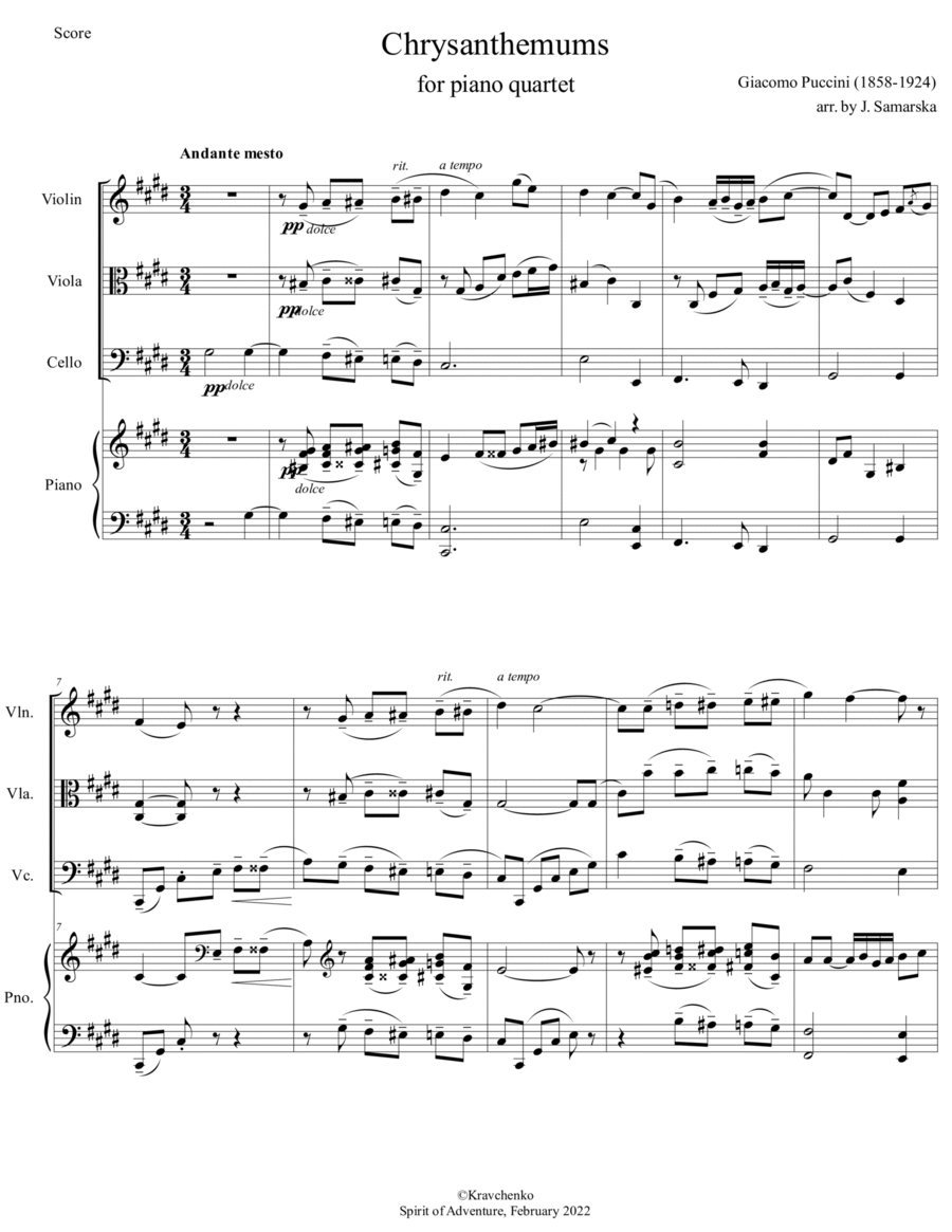Giacomo Puccini - Crisantemi (Chrysanthemums) arr. for piano quartet (score and parts) Giacomo Puccini - Crisantemi (Chrysanthemums) arr. for piano quartet (score and parts) Piano Quartet scores gallery preview page 1