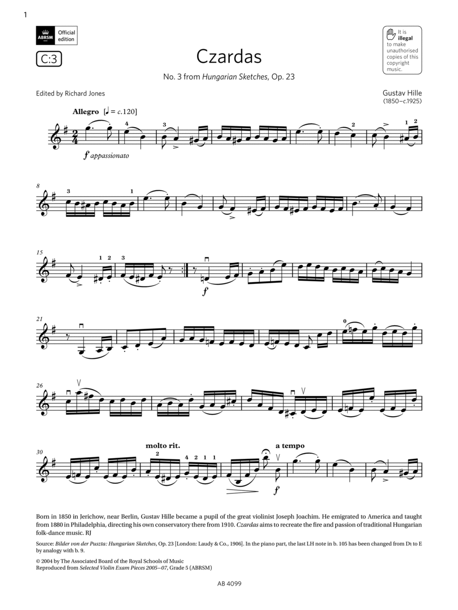 Czardas (Grade 5, C3, from the ABRSM Violin Syllabus from 2024) Violin Solo scores gallery preview page 1