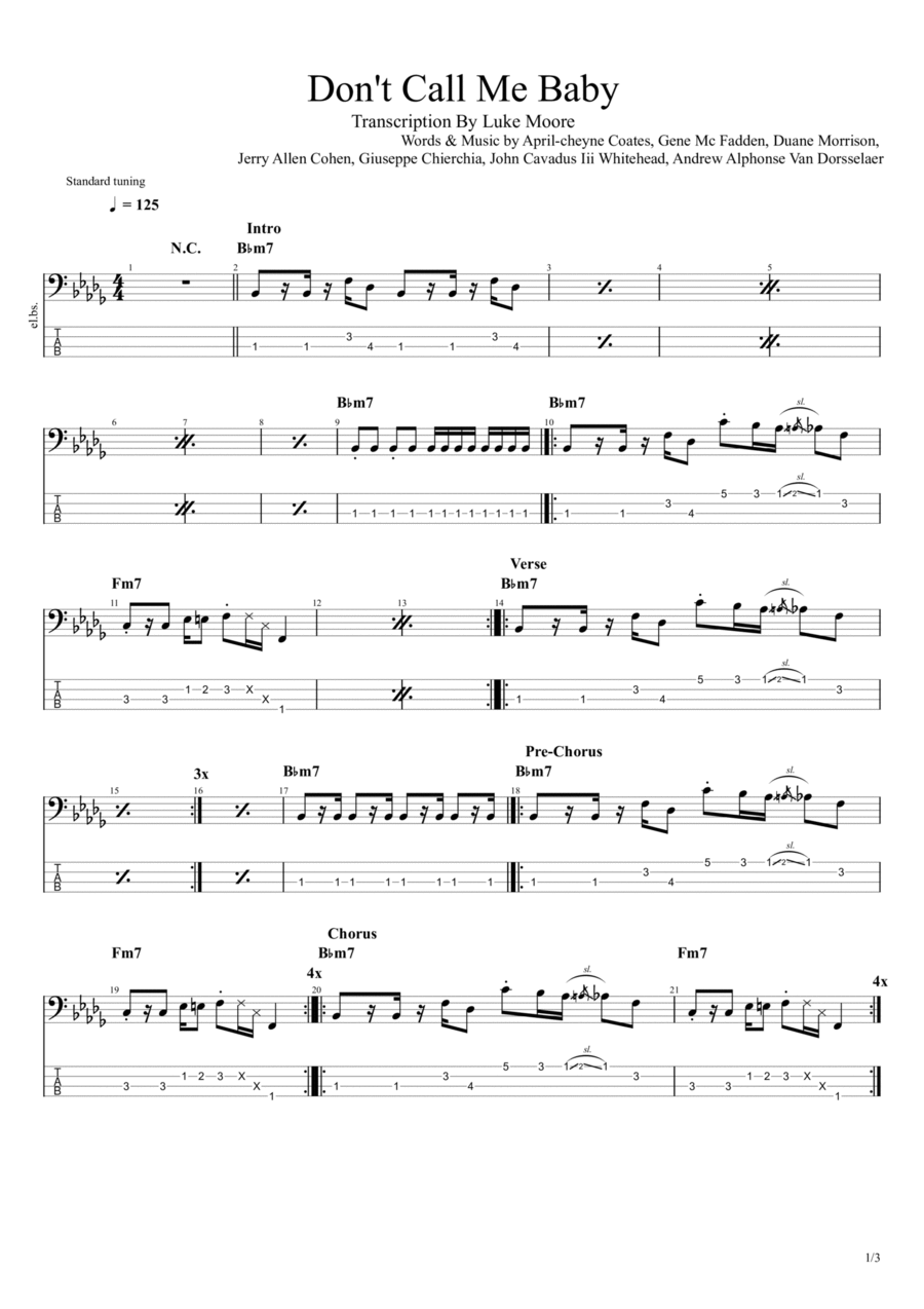 Don't Call Me Baby (original Mix-edit) Bass Guitar scores gallery preview page 1