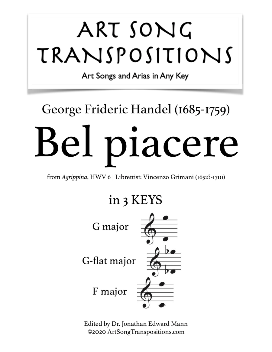 HANDEL: Bel piacere (transposed to 3 keys: G, G-flat, F major) Piano, Vocal scores gallery preview page 1