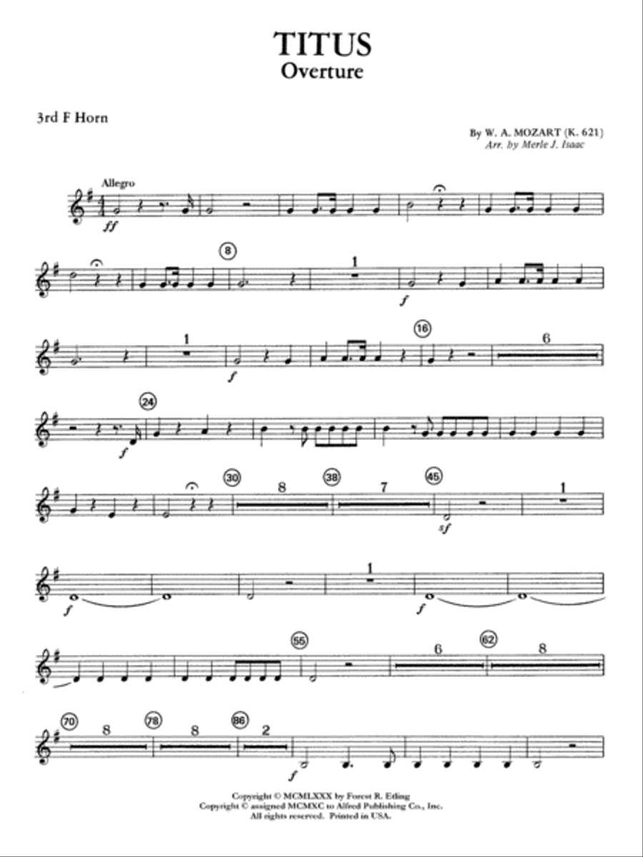 Titus Overture: 3rd F Horn Full Orchestra scores gallery preview page 1