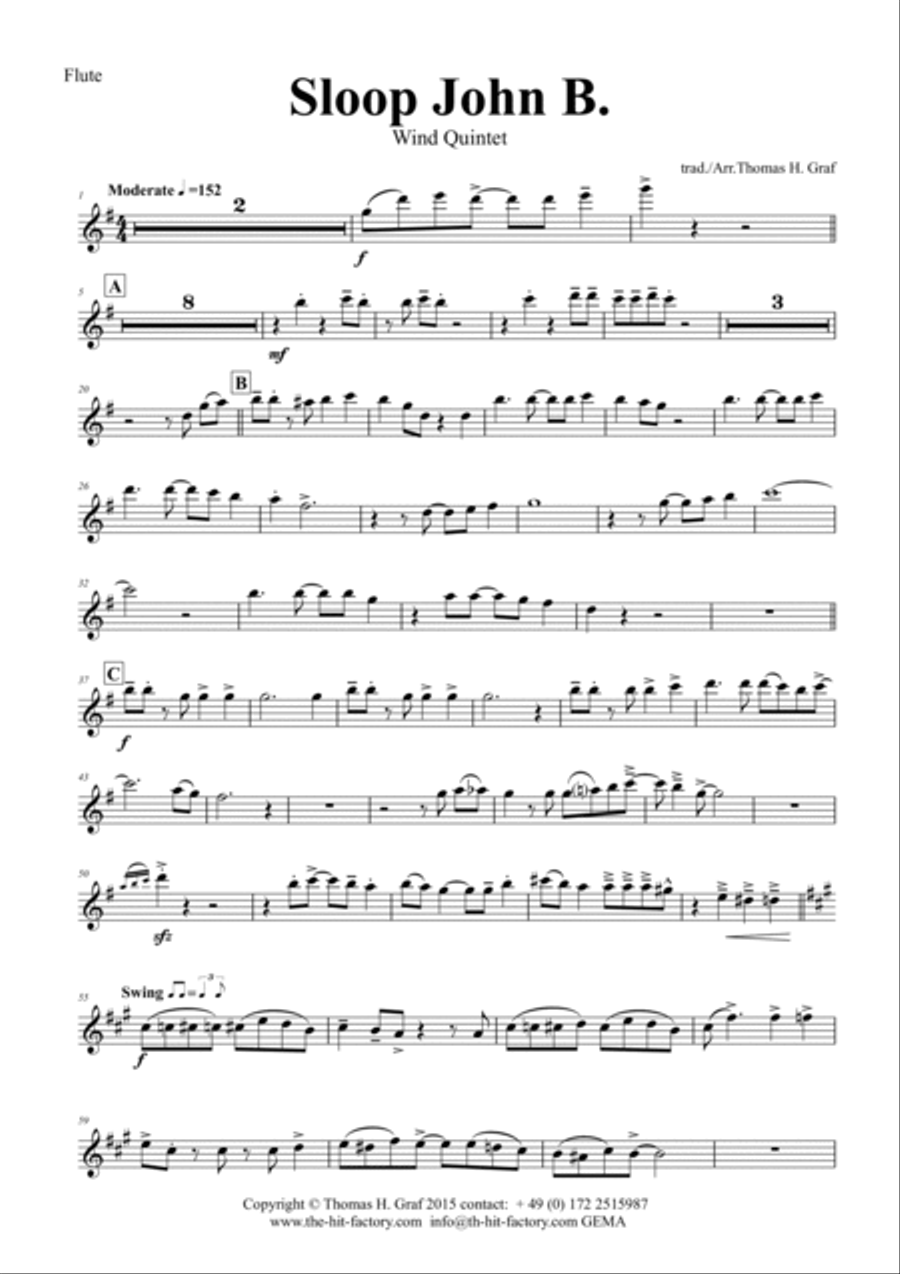 Sloop John B. - Caribian Folk Song - Wind Quintet Woodwind Quintet scores gallery preview page 5
