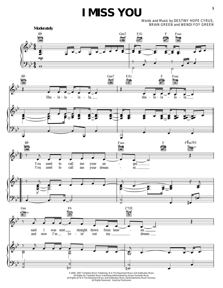 I Miss You Piano, Vocal, Guitar scores gallery preview page 1