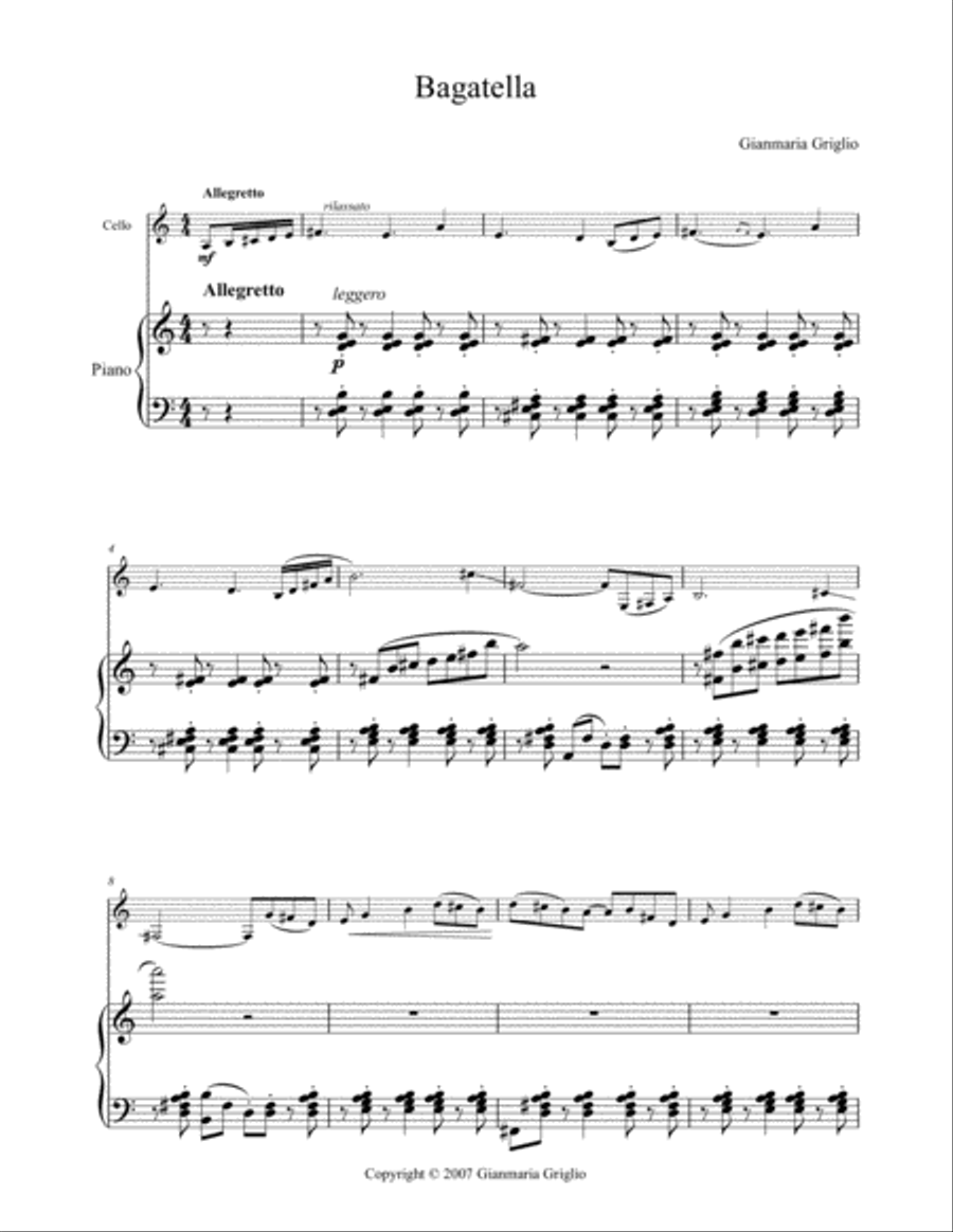 Bagatella for cello and piano Piano scores gallery preview page 1