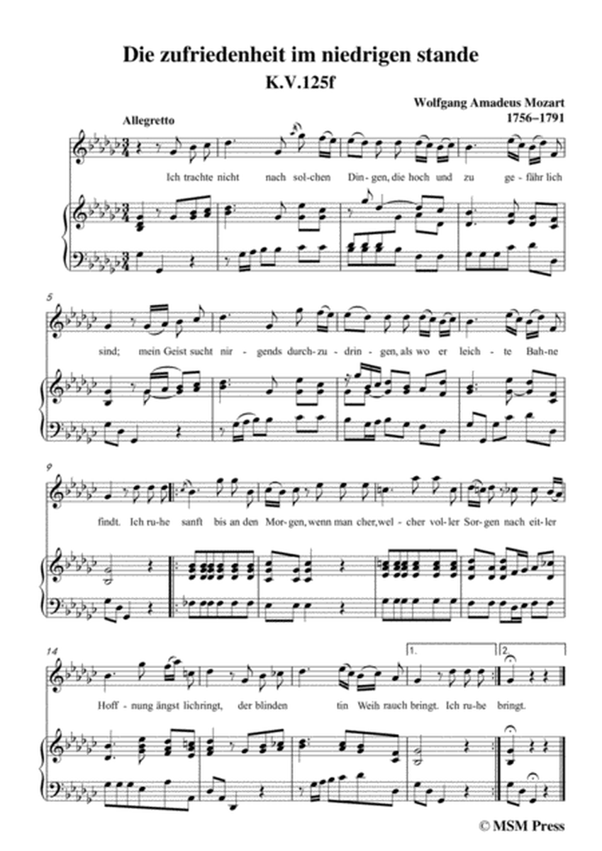 Mozart-Die zufriedenheit im niedrigen stande,in G flat Major,for Voice and Piano image number null