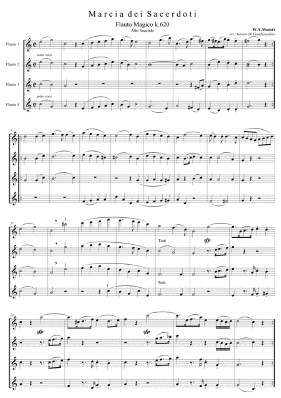 Magic Flute - March of the Priests C-flute choir Woodwind Quartet scores gallery preview page 1