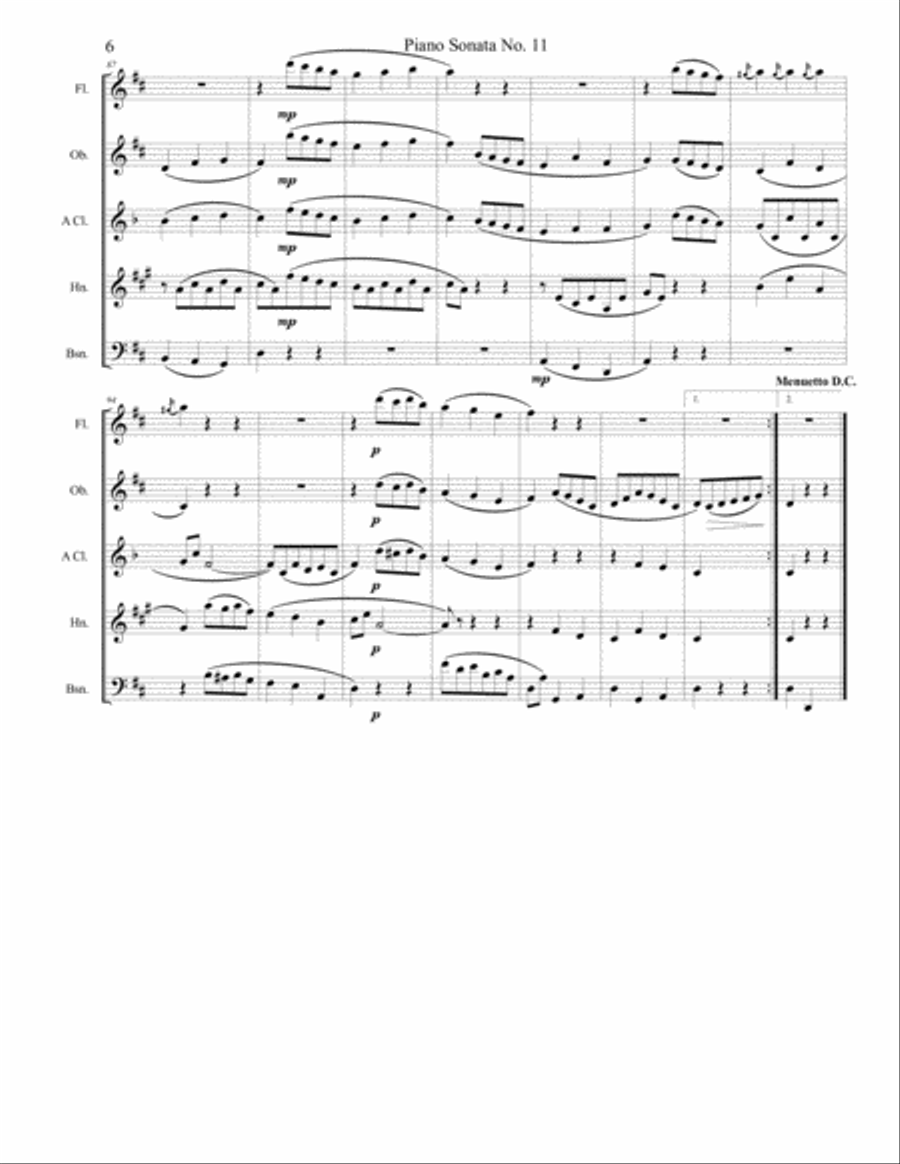 Piano Sonata No 11 (Alla Turca) Movement 2, Menuetto Woodwind Quintet scores gallery preview page 6