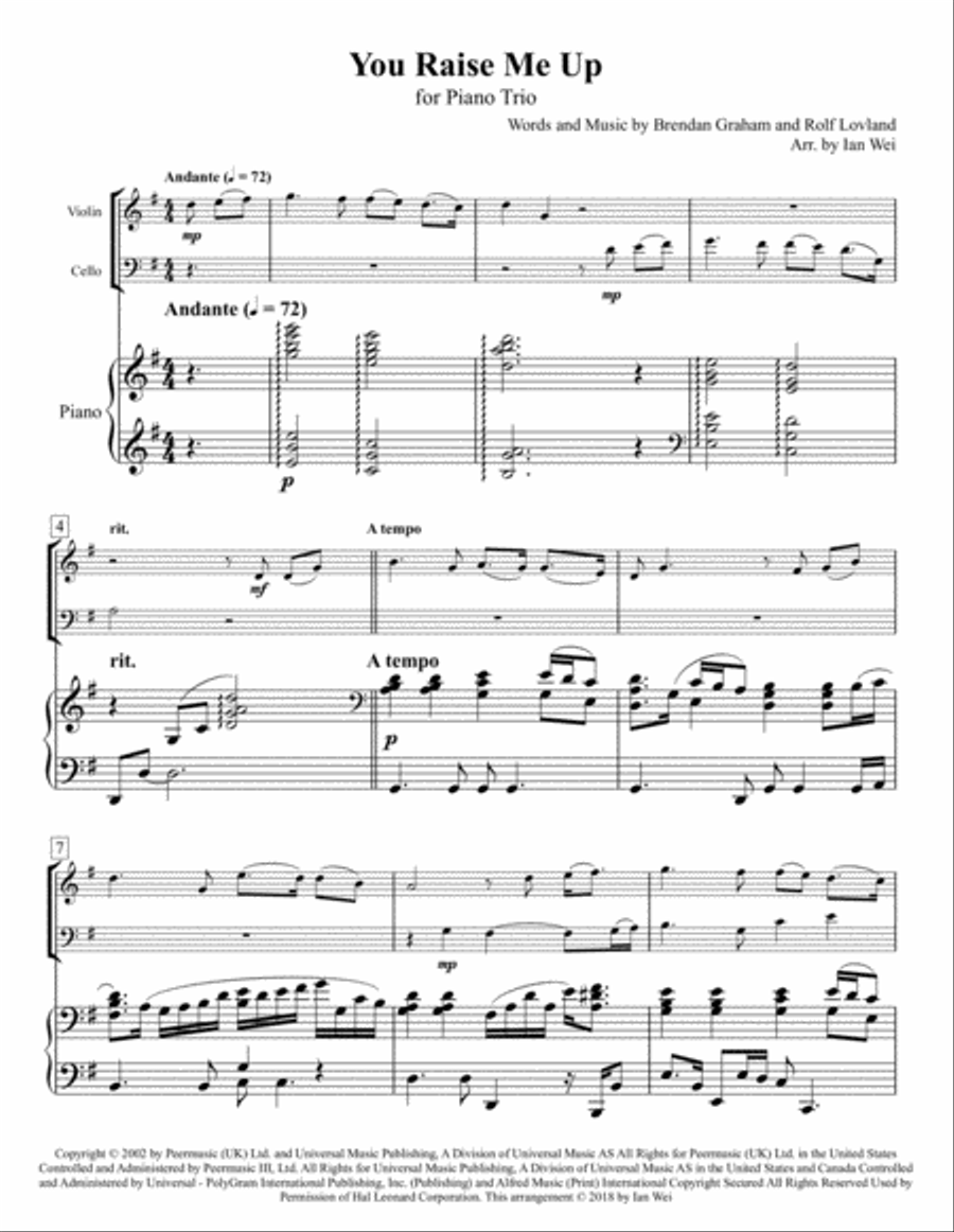 You raise me up violin cello piano hot sale