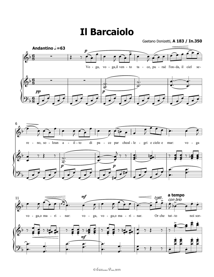 Il Barcaiolo, by Donizetti, in F Major Piano, Vocal scores gallery preview page 3