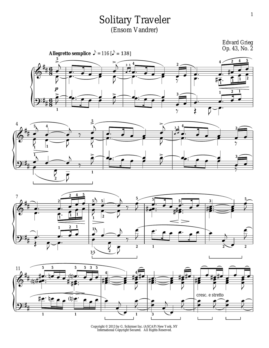 Solitary Traveler (Ensom Vandrer), Op. 43, No. 2 Piano Solo scores gallery preview page 1
