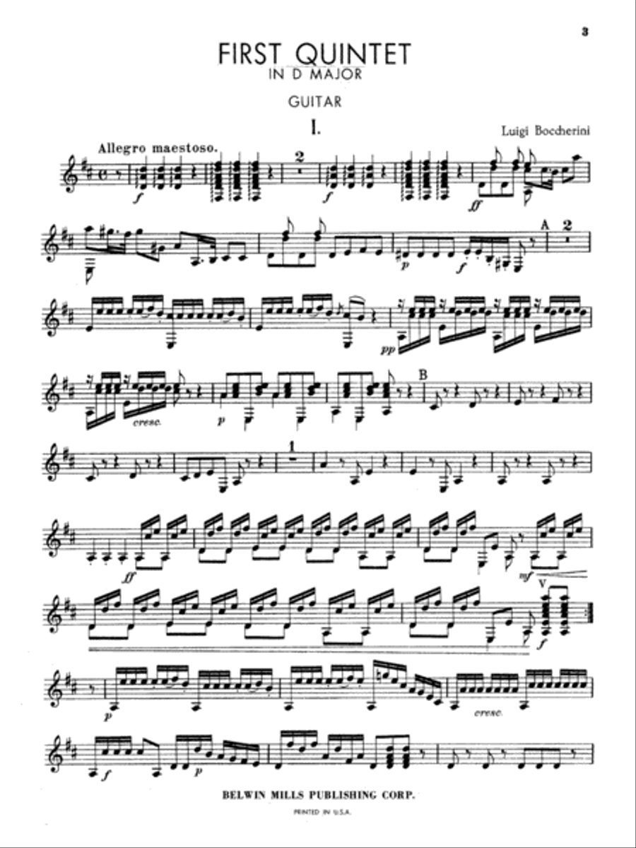 Boccherini: First Quintet in D Major, for Two Violins, Viola, Cello and Guitar -- Guitar Part Only Cello scores gallery preview page 3