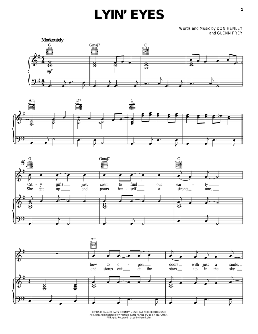 Lyin' Eyes Piano, Vocal, Guitar scores gallery preview page 1