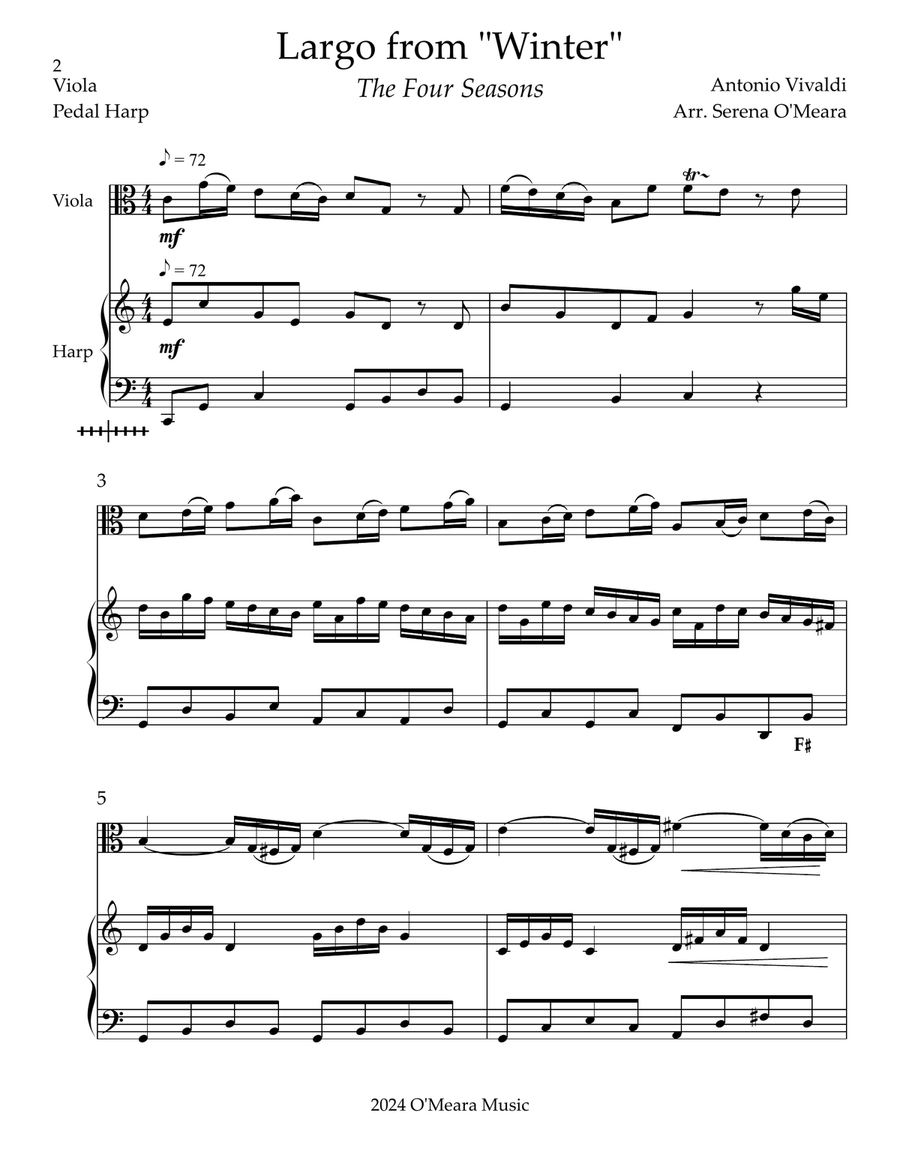 Largo from “Winter”, Duet for Viola & Pedal Harp String Duet scores gallery preview page 2
