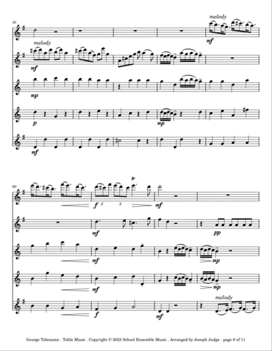 Table Music by Telemann for Saxophone Quintet in Schools Saxophone Quintet scores gallery preview page 6
