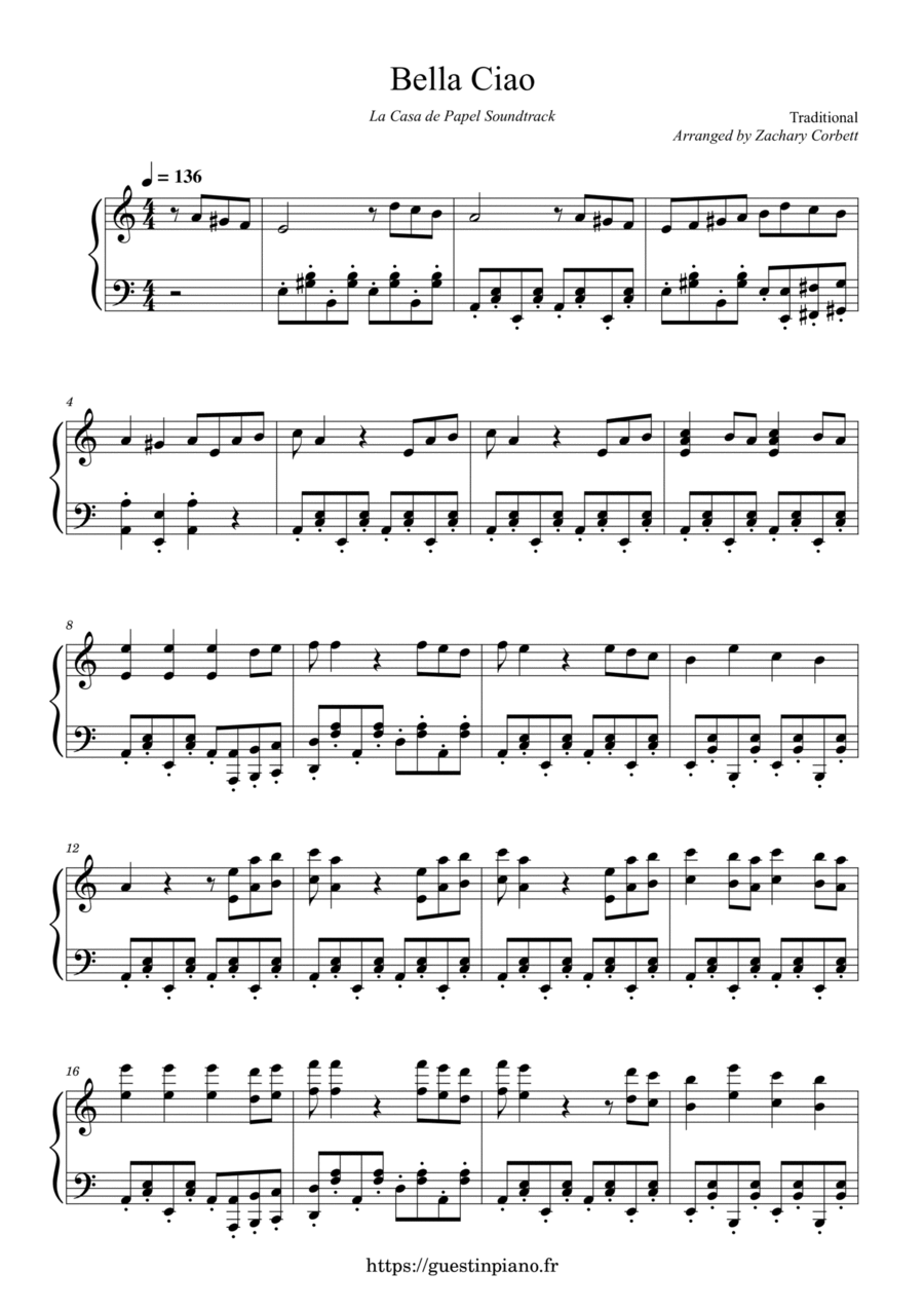 Bella Ciao - La Casa de Papel Soundtrack Piano Solo scores gallery preview page 1