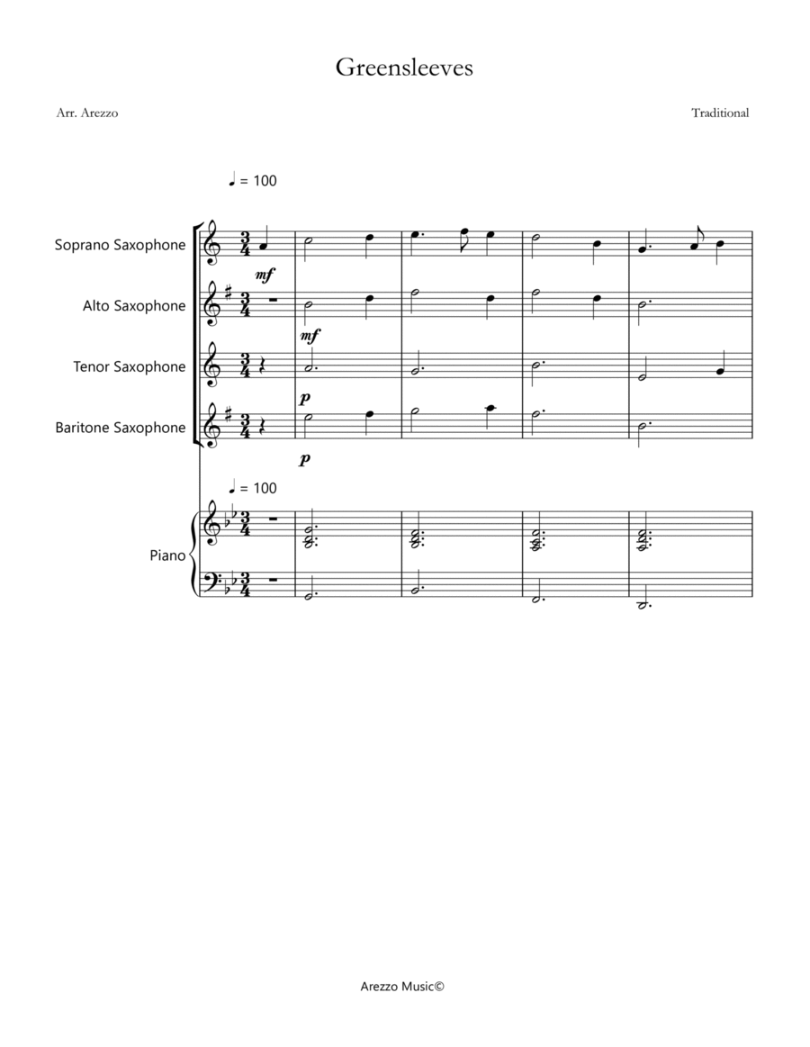 greensleeves saxophone quartet and piano sheet music image number null