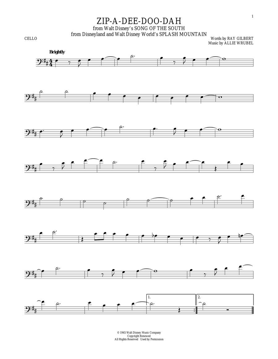 Zip-A-Dee-Doo-Dah (from Song Of The South) Cello Solo scores gallery preview page 1