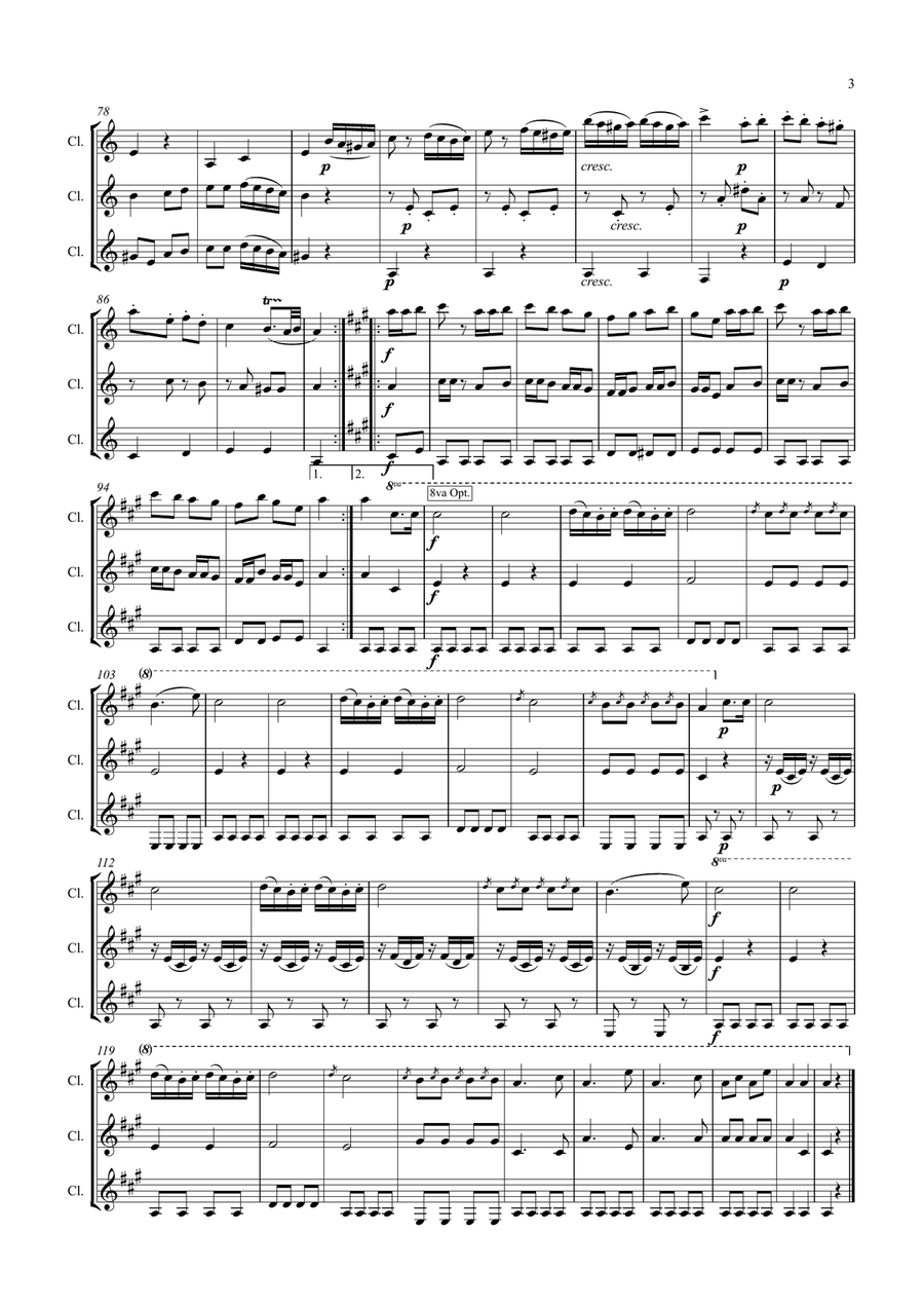 Mozart: Piano Sonata No.11 in A K331 Mvt. III. Rondo Alla Turca (Turkish March) - clarinet trio Clarinet Trio scores gallery preview page 3