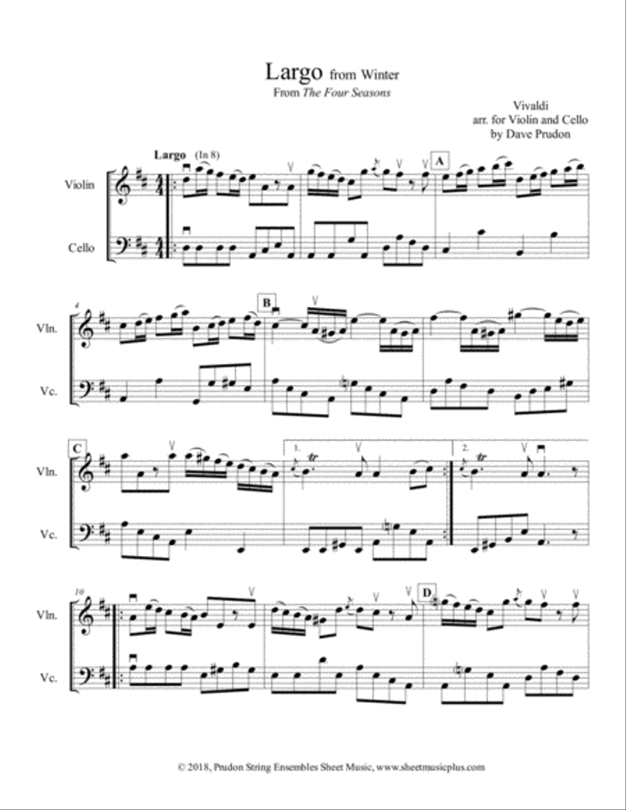 Vivaldi Winter (Largo) for Violin and Cello String Duet scores gallery preview page 1