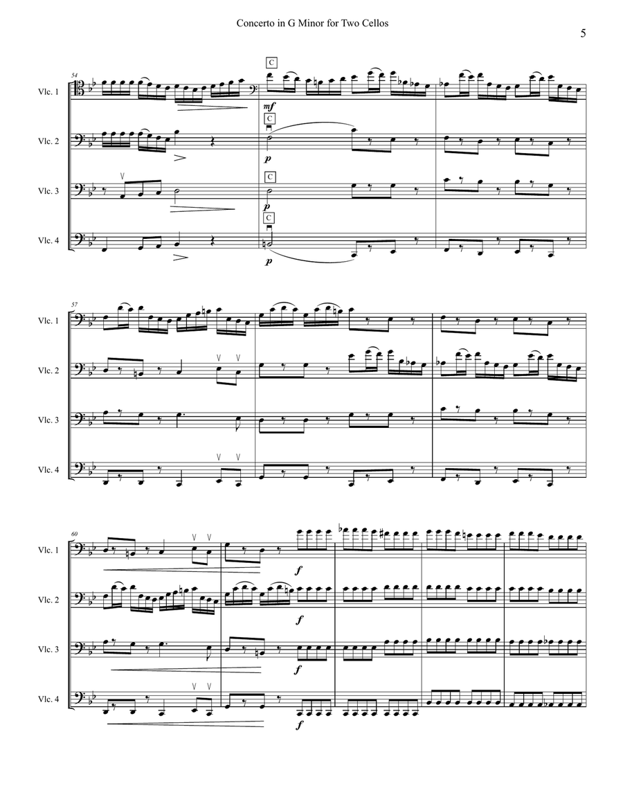 Vivaldi Concerto for Two Cellos in G Minor, arranged for cello quartet (four cellos), RV 531 1st mov String Orchestra scores gallery preview page 5